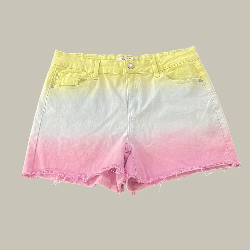 Judy Blue Ombre Denim Shorts Womens M Yellow Pink Dip Dye Frayed Hem Summer